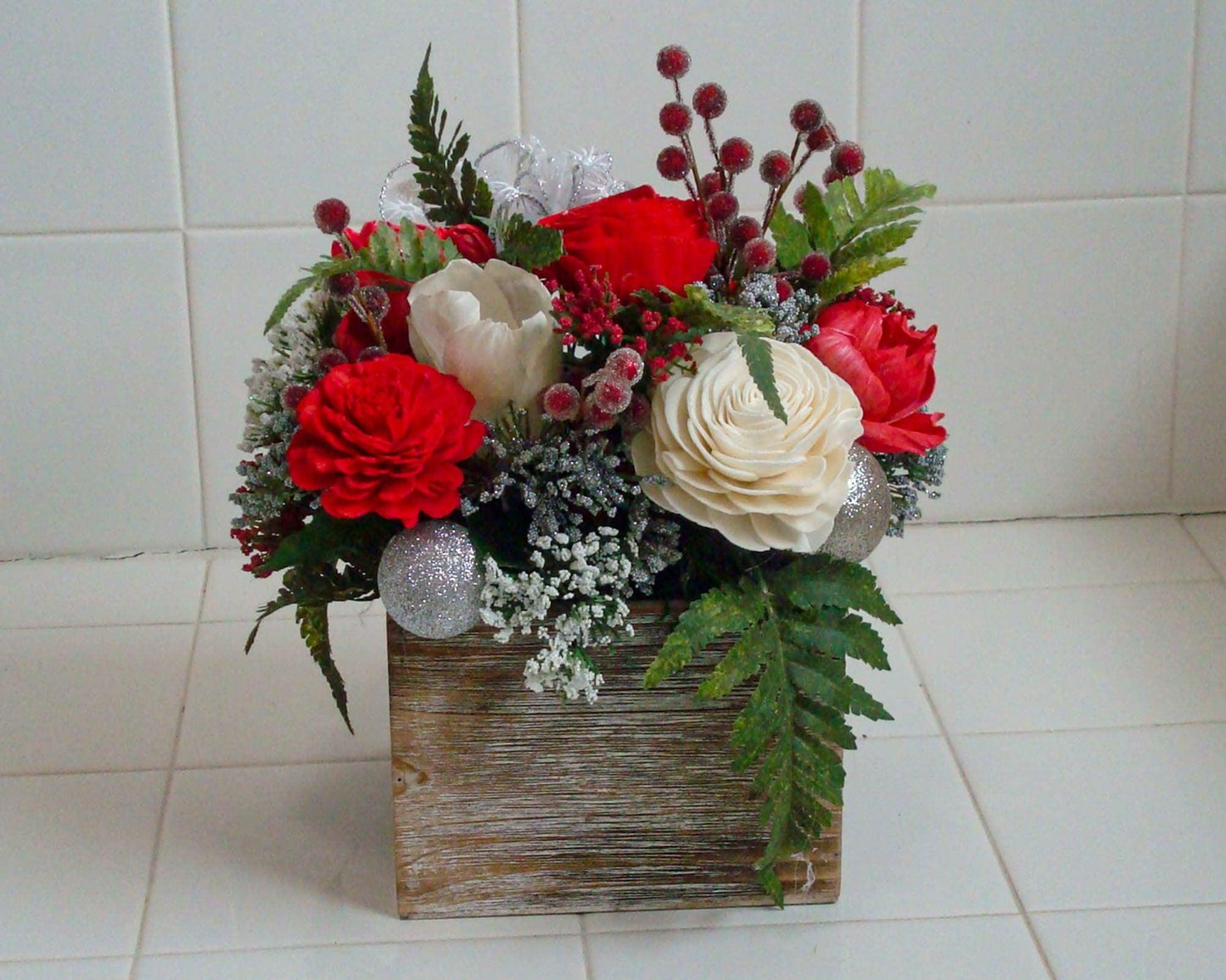 Holiday decoration, Christmas Centerpiece with berries and sola wood flowers in a wood box, gift