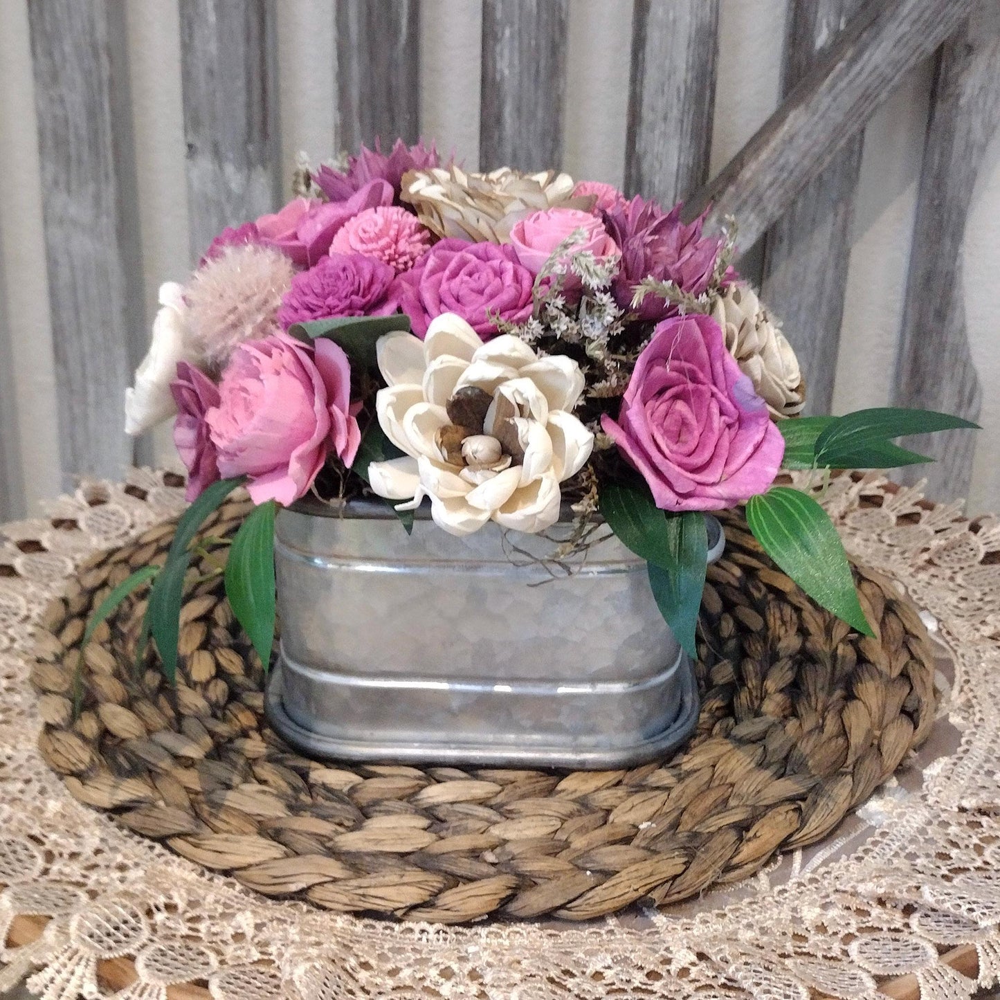 Dusty Pink Sola Wood Fall Centerpiece in Rustic Metal Container | Handcrafted Floral Gift for Her