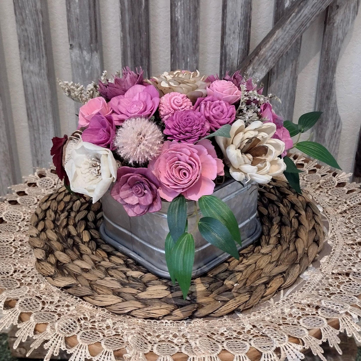 Dusty Pink Sola Wood Fall Centerpiece in Rustic Metal Container | Handcrafted Floral Gift for Her