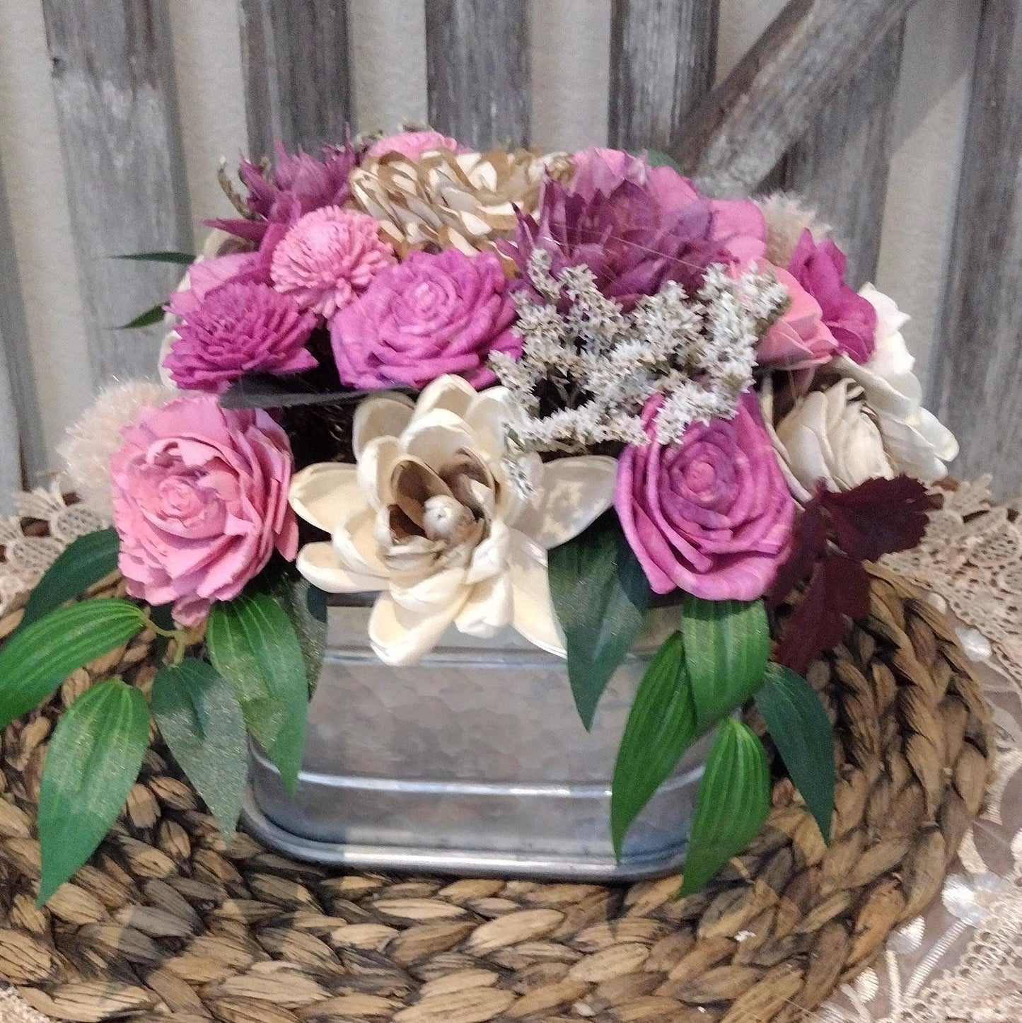 Dusty Pink Sola Wood Fall Centerpiece in Rustic Metal Container | Handcrafted Floral Gift for Her