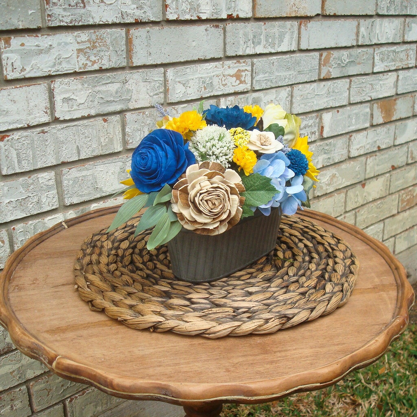 Blue and Yellow Sola Wood Flowers Arrangement, Gift for her