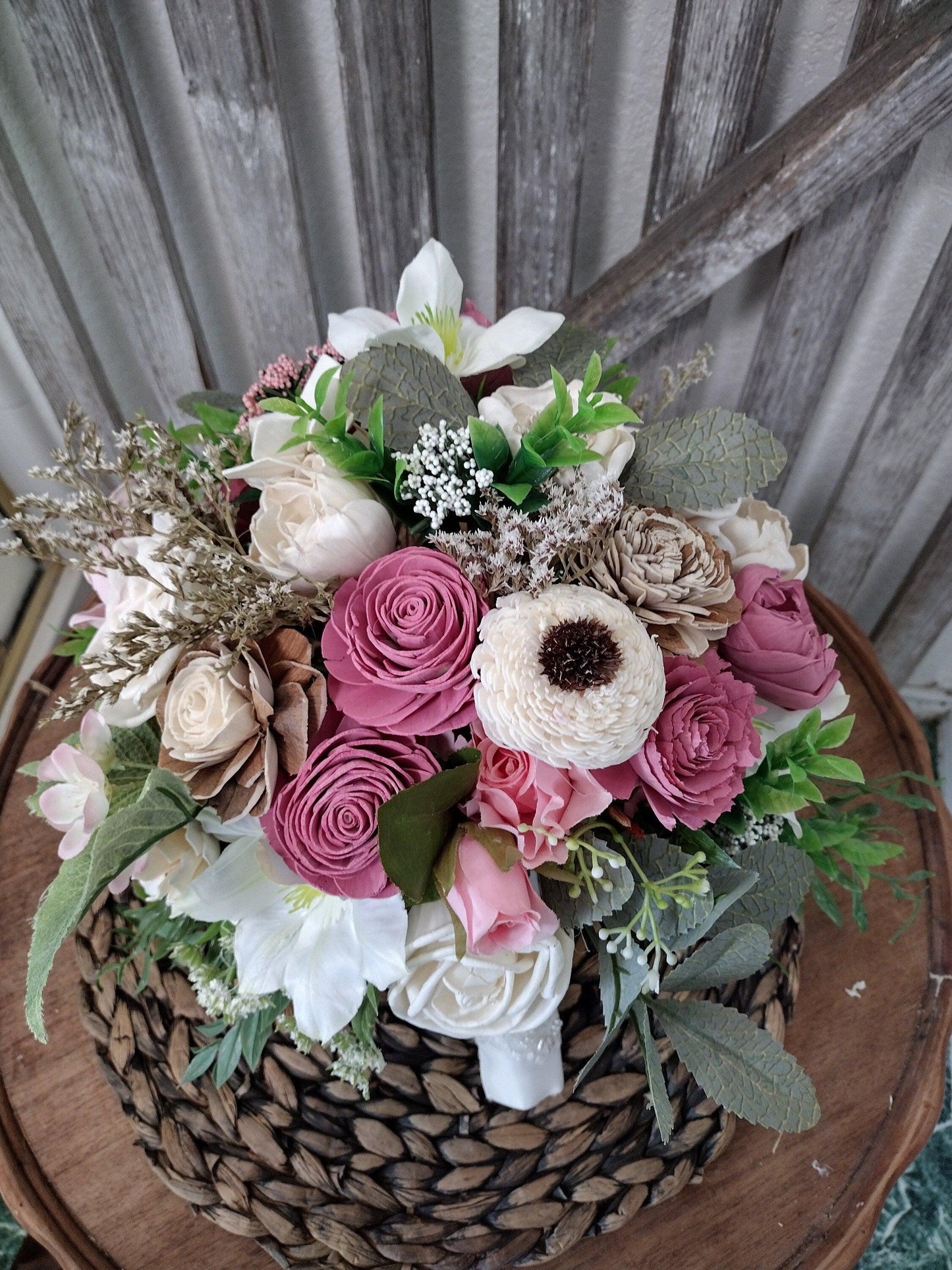 Mauve & Pink Sola Wood Bridal Bouquet – Rustic Wedding Keepsake, Eco-Friendly Flowers