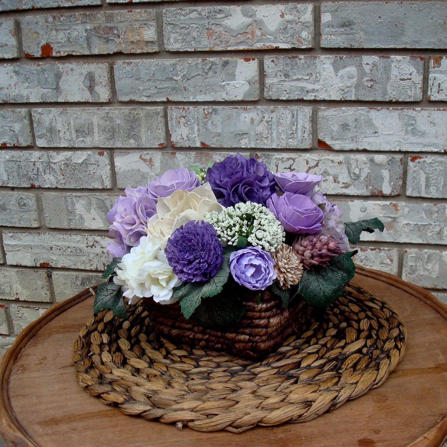 Purple Sola Wood Flower Arrangement in Rustic Woven Basket | Handcrafted Gift for Her