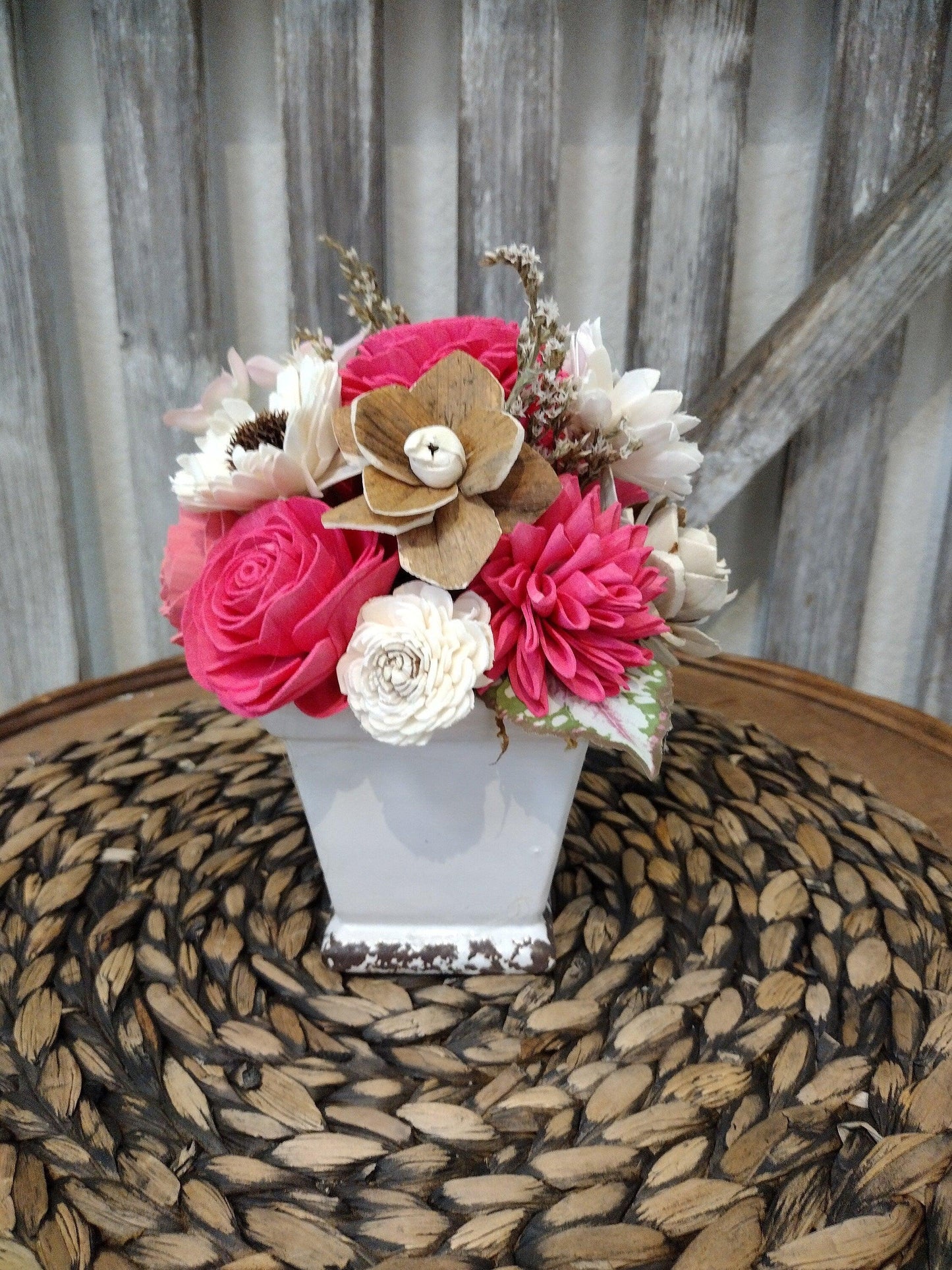 Bright Pink & Ivory Sola Wood Flower Farmhouse Centerpiece | Handcrafted Keepsake Arrangement