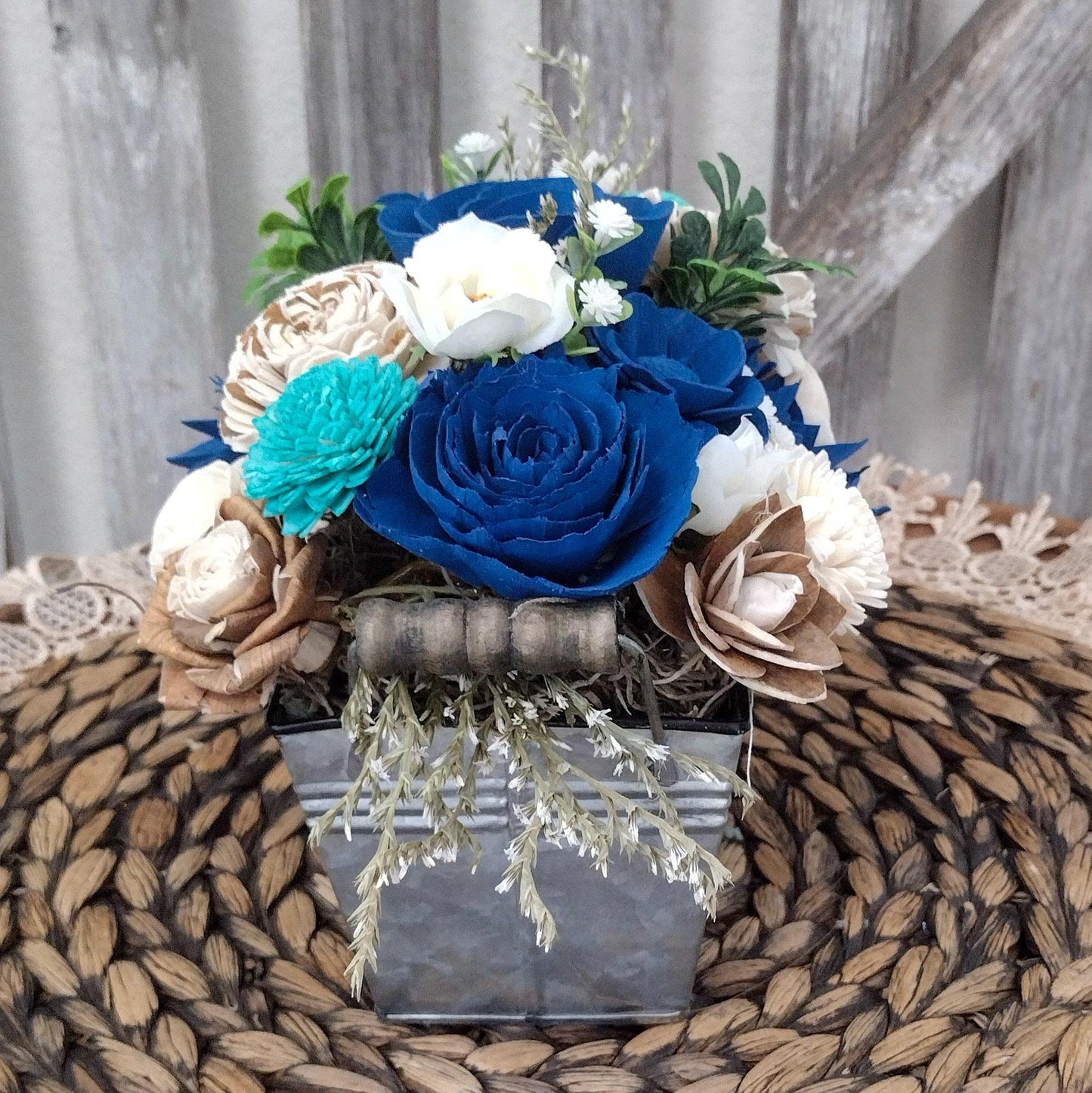 Navy, Teal & Natural Sola Wood Flower Centerpiece | Rustic Handcrafted Gift for Her
