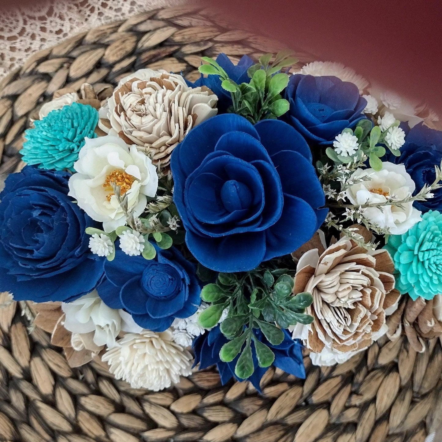 Navy, Teal & Natural Sola Wood Flower Centerpiece | Rustic Handcrafted Gift for Her