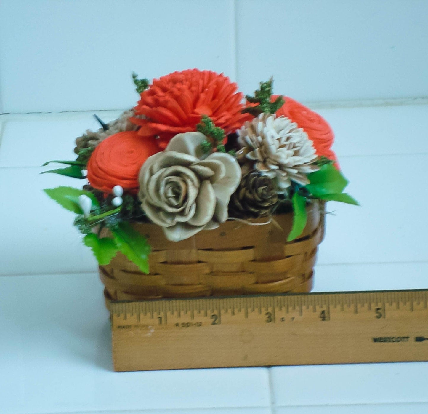 Fall Sola Wood Flower Basket – Rustic Centerpiece with Orange & Natural Blooms