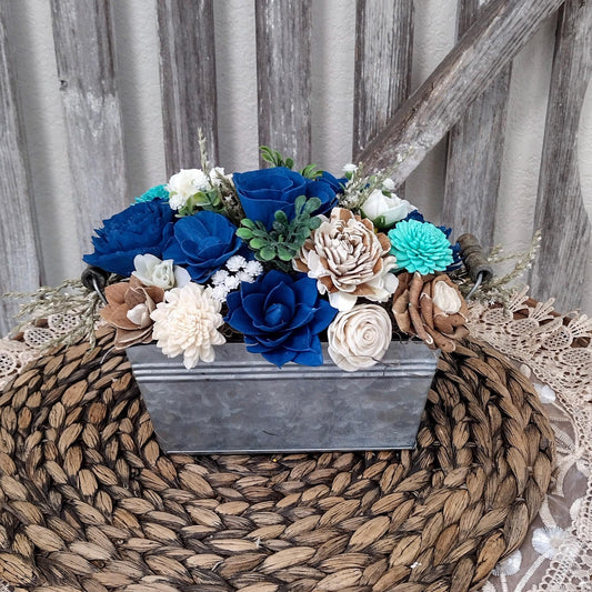 Navy, Teal & Natural Sola Wood Flower Centerpiece | Rustic Handcrafted Gift for Her