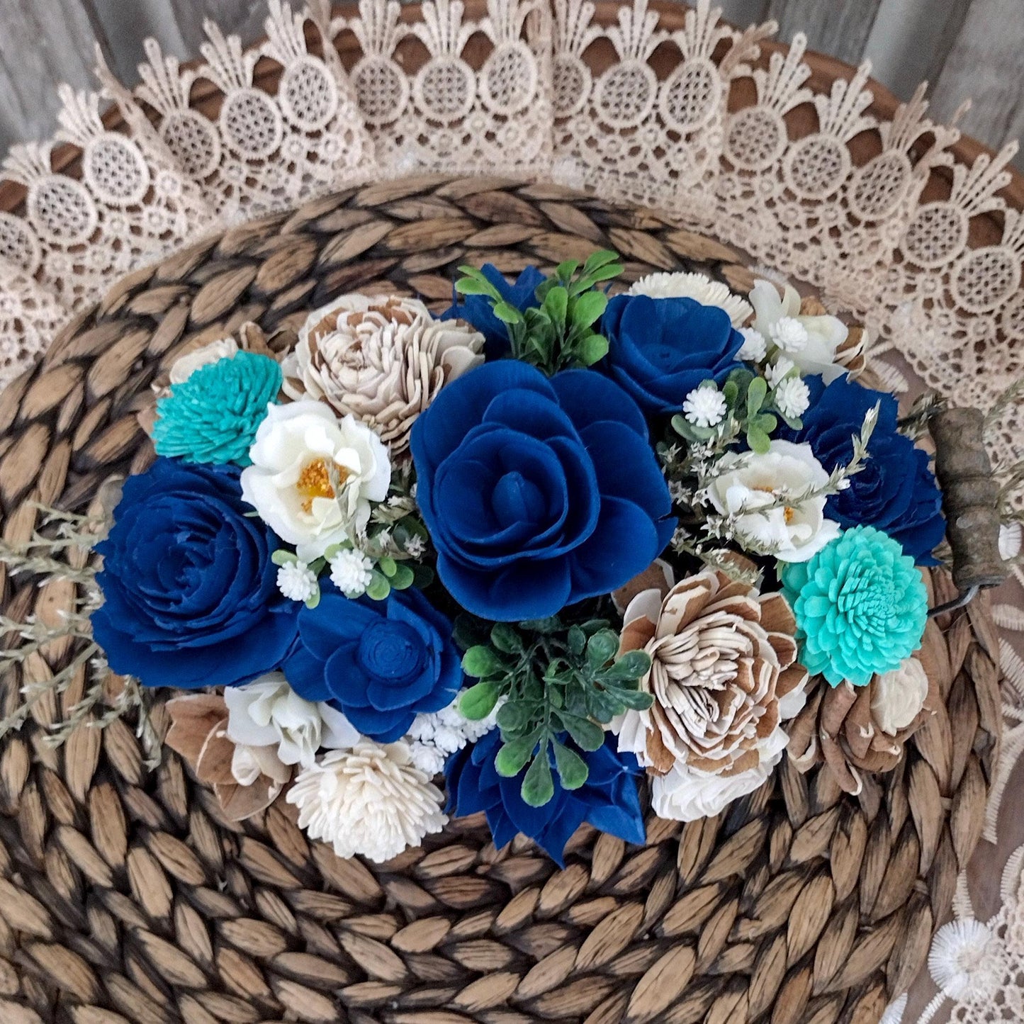 Navy, Teal & Natural Sola Wood Flower Centerpiece | Rustic Handcrafted Gift for Her