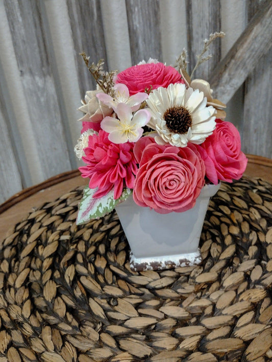 Bright Pink & Ivory Sola Wood Flower Farmhouse Centerpiece | Handcrafted Keepsake Arrangement