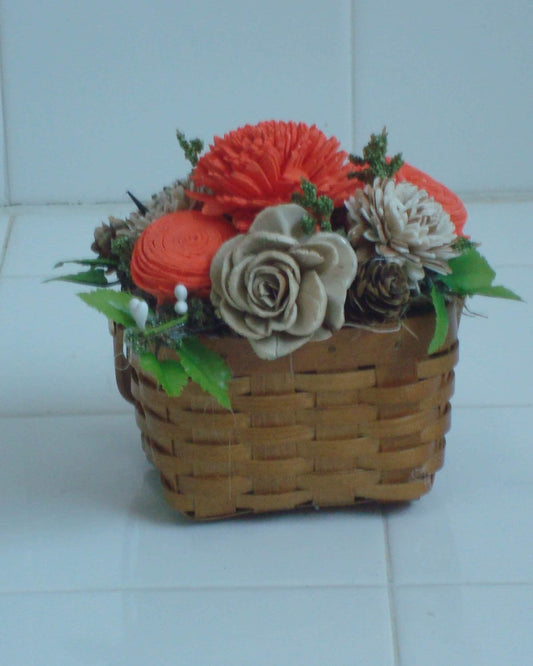 Fall Sola Wood Flower Basket – Rustic Centerpiece with Orange & Natural Blooms