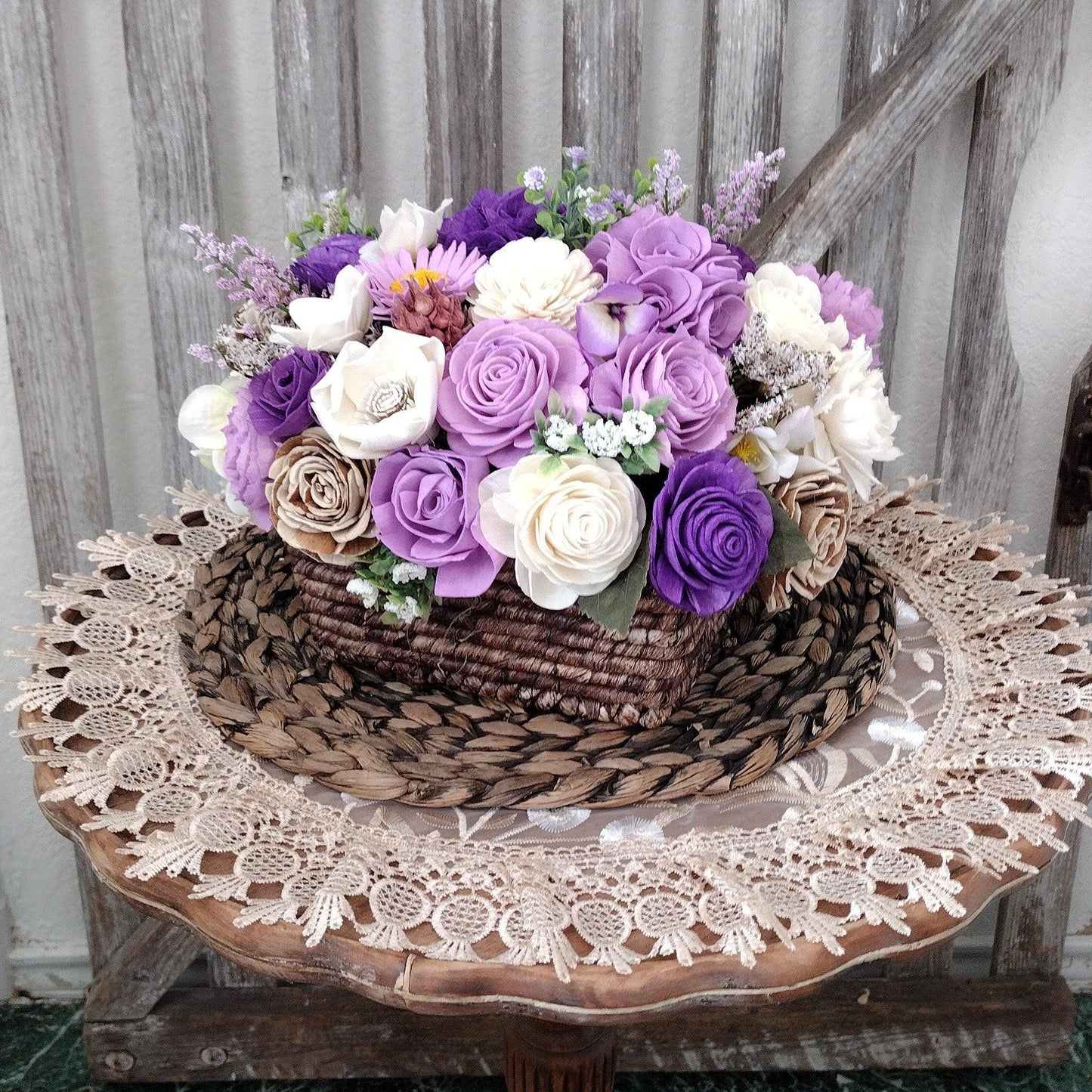 large square purples and white sola wood flower arrangement