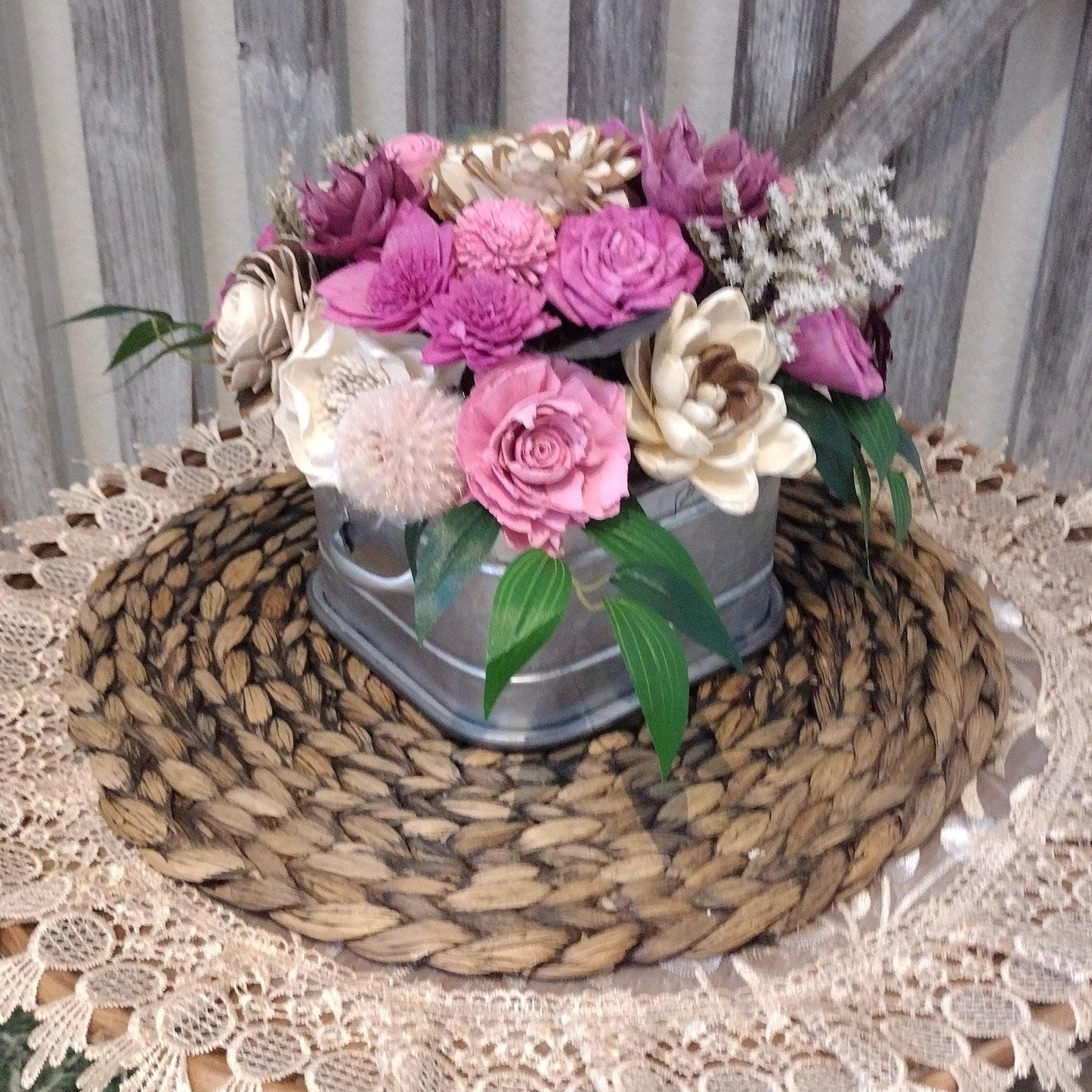 Dusty Pink Sola Wood Fall Centerpiece in Rustic Metal Container | Handcrafted Floral Gift for Her
