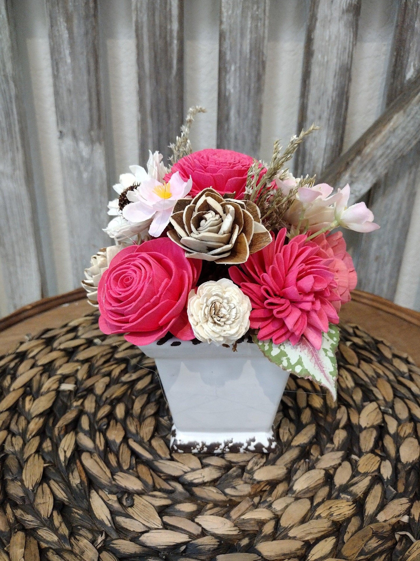 Bright Pink & Ivory Sola Wood Flower Farmhouse Centerpiece | Handcrafted Keepsake Arrangement