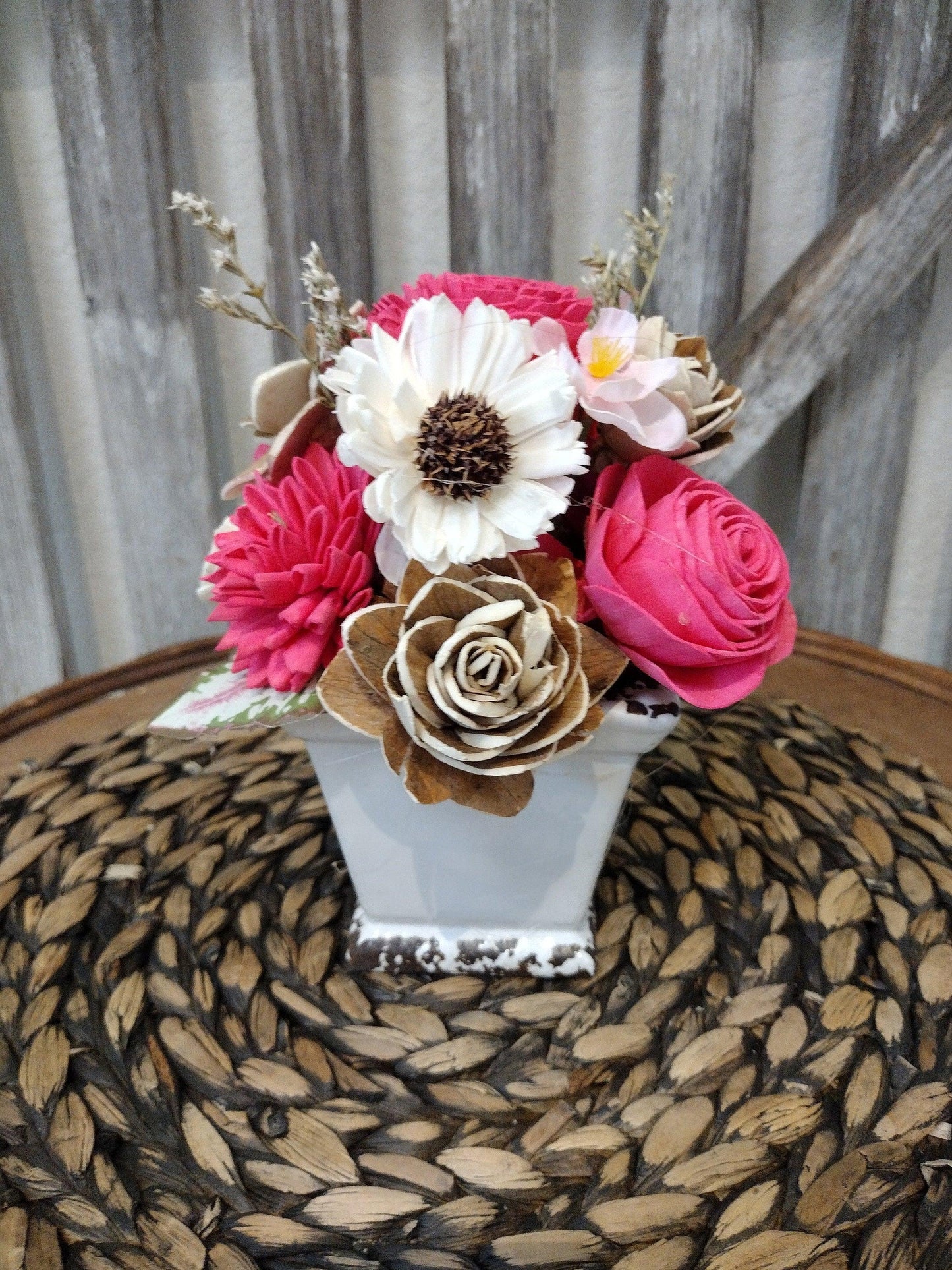 Bright Pink & Ivory Sola Wood Flower Farmhouse Centerpiece | Handcrafted Keepsake Arrangement