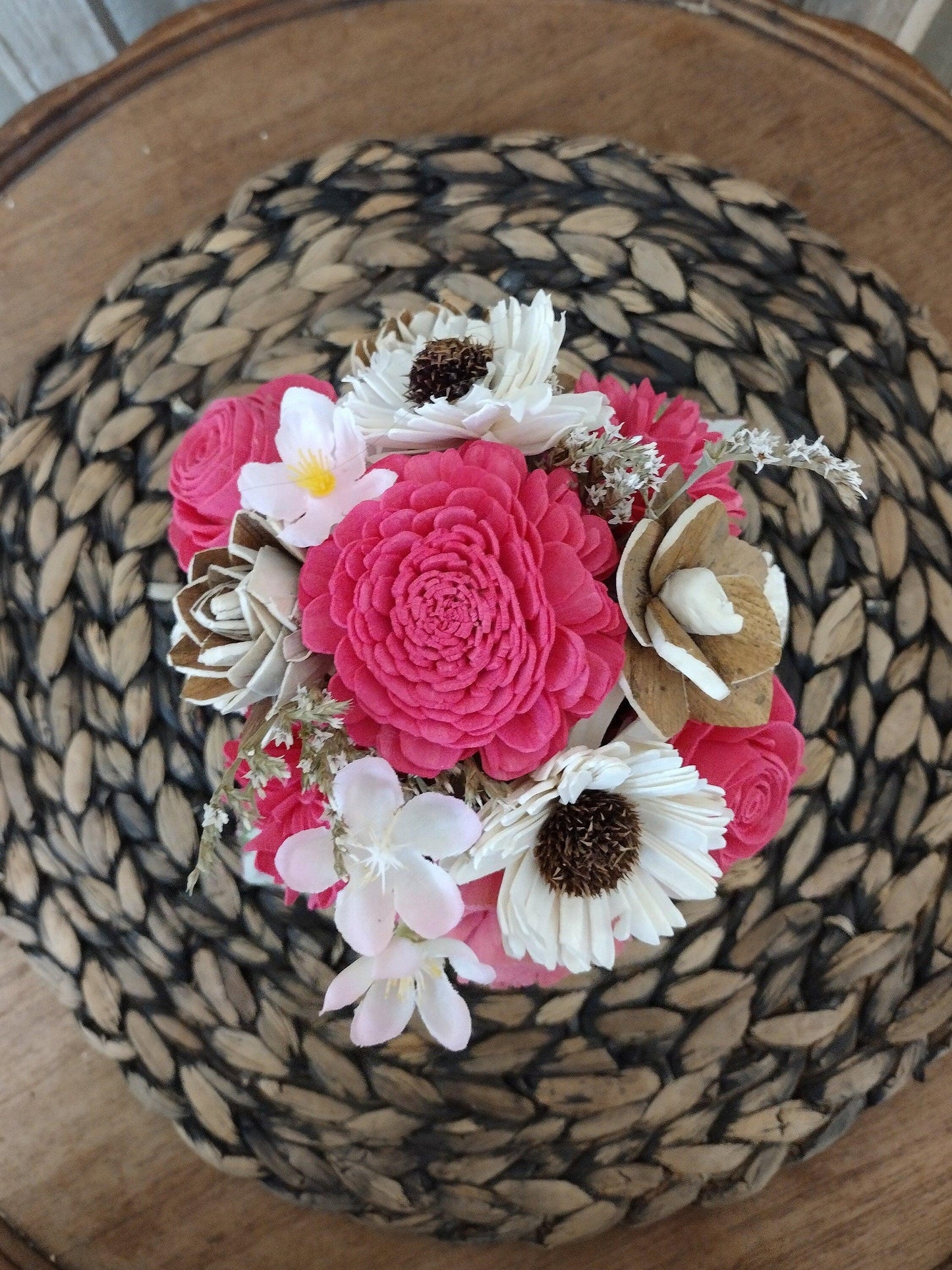 Bright Pink & Ivory Sola Wood Flower Farmhouse Centerpiece | Handcrafted Keepsake Arrangement