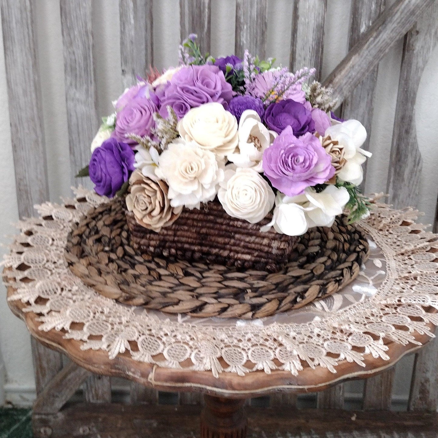 large square purples and white sola wood flower arrangement