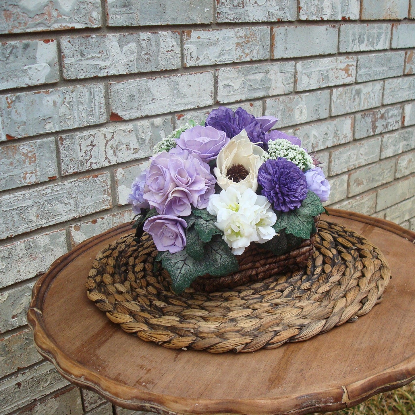 Purple Sola Wood Flower Arrangement in Rustic Woven Basket | Handcrafted Gift for Her
