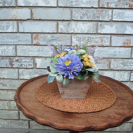 Purple & Yellow Sola Wood Flower Centerpiece in White-Washed Container