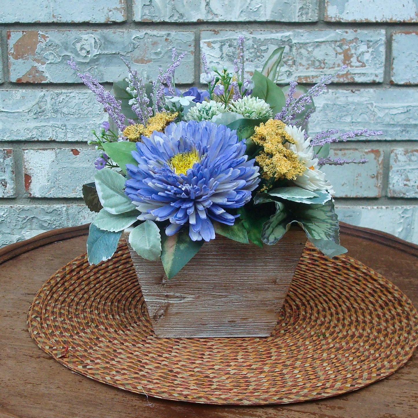 Purple & Yellow Sola Wood Flower Centerpiece in White-Washed Container