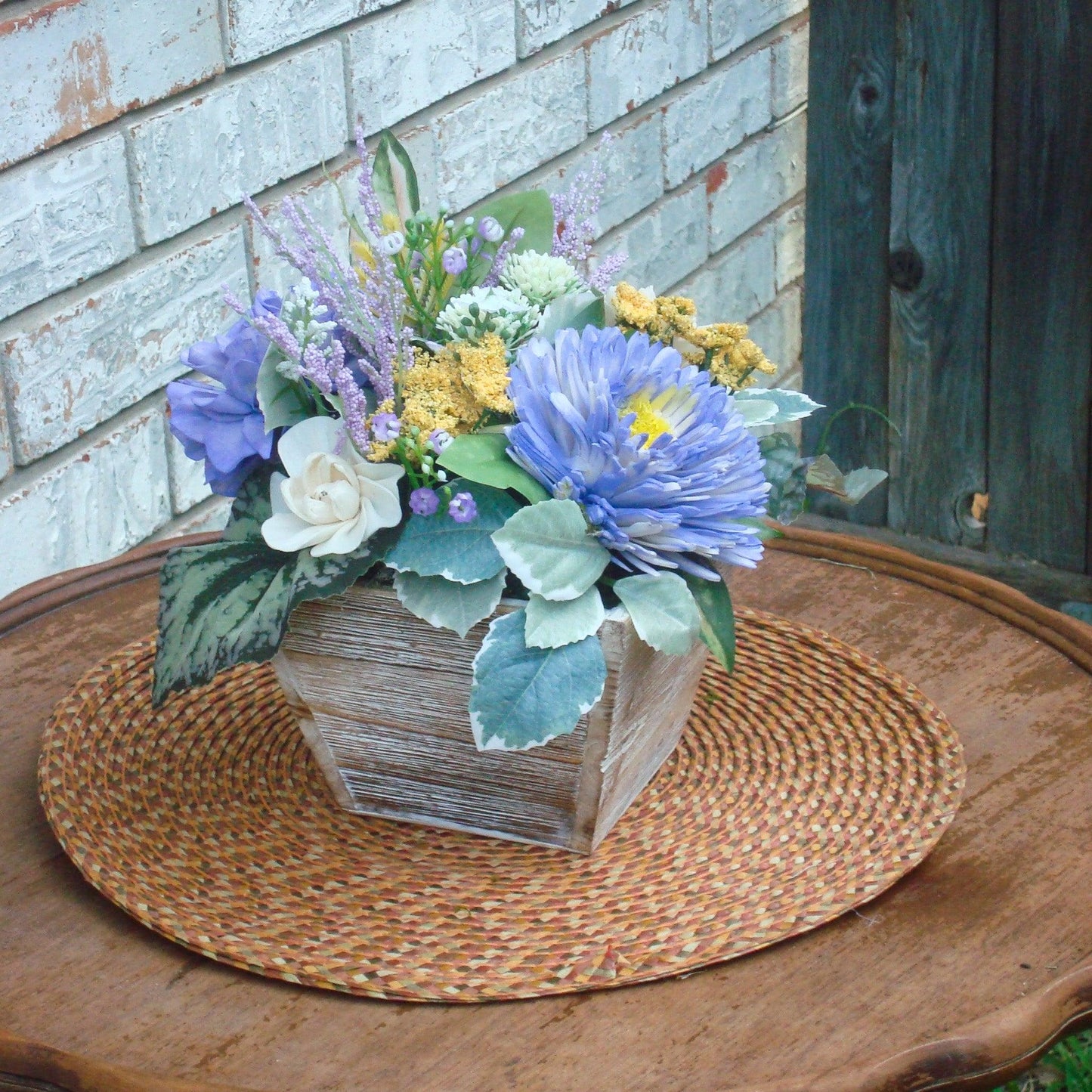 Purple & Yellow Sola Wood Flower Centerpiece in White-Washed Container