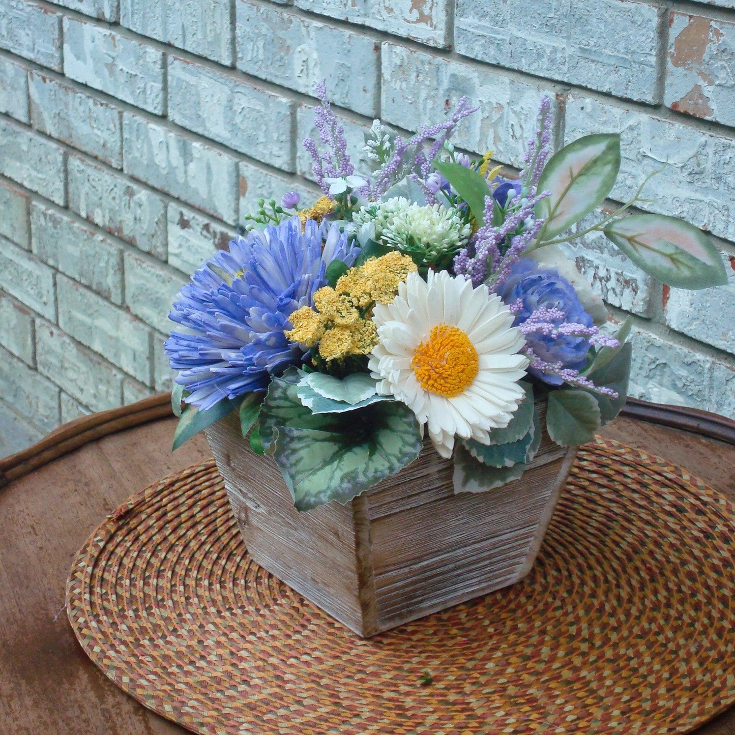 Purple & Yellow Sola Wood Flower Centerpiece in White-Washed Container