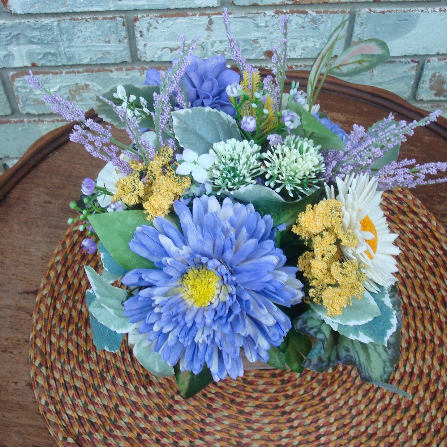Purple & Yellow Sola Wood Flower Centerpiece in White-Washed Container
