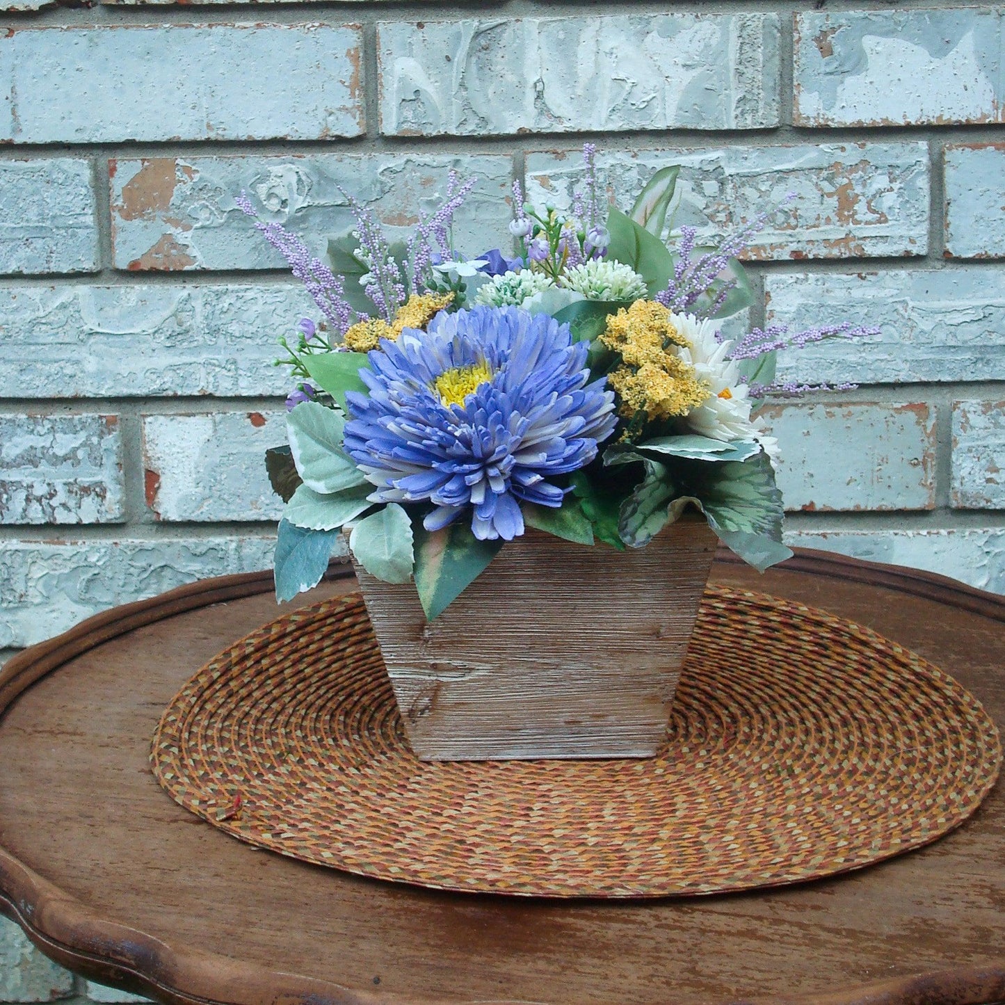 Purple & Yellow Sola Wood Flower Centerpiece in White-Washed Container