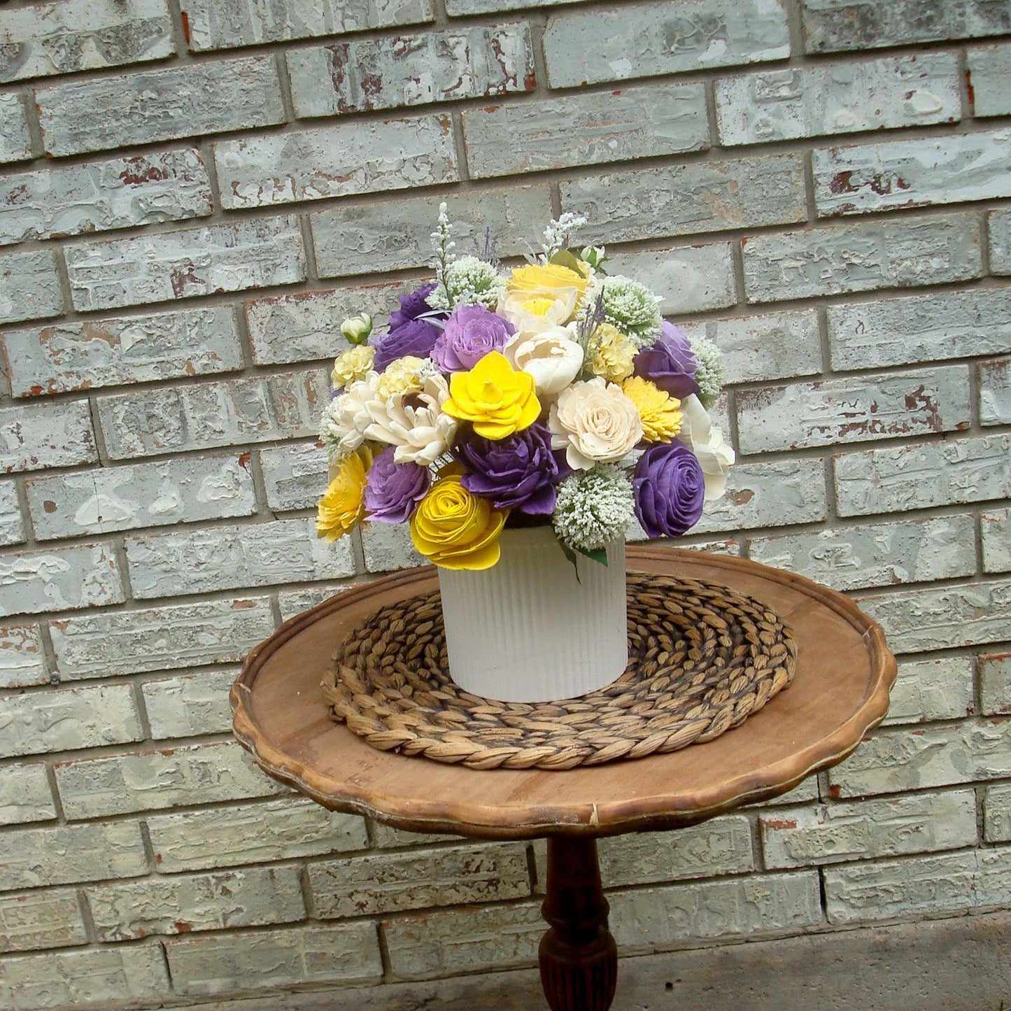 Purple & Yellow Sola Wood Flower Centerpiece in White Vase