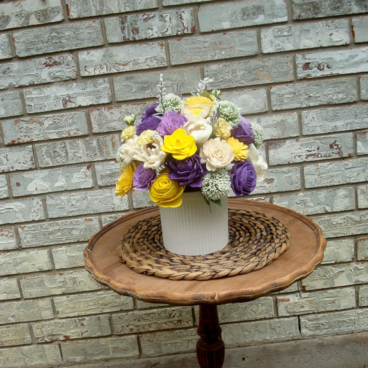 Purple & Yellow Sola Wood Flower Centerpiece in White Vase