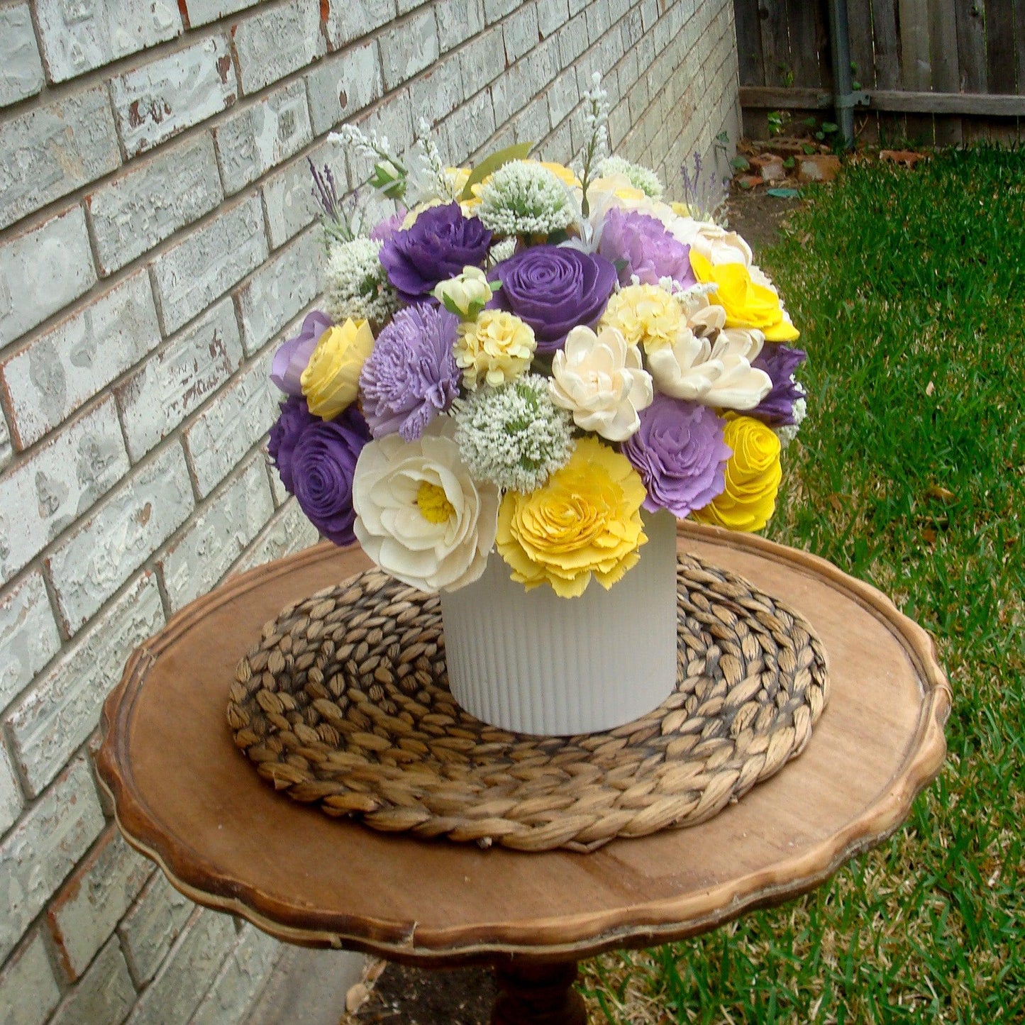 Purple & Yellow Sola Wood Flower Centerpiece in White Vase