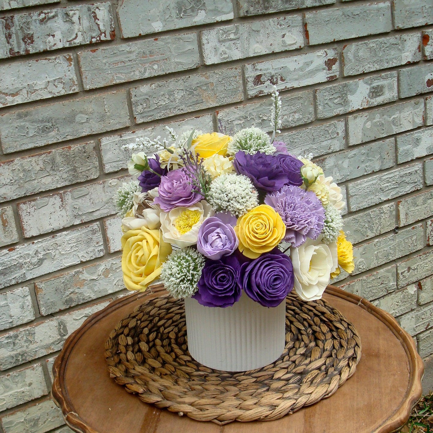Purple & Yellow Sola Wood Flower Centerpiece in White Vase