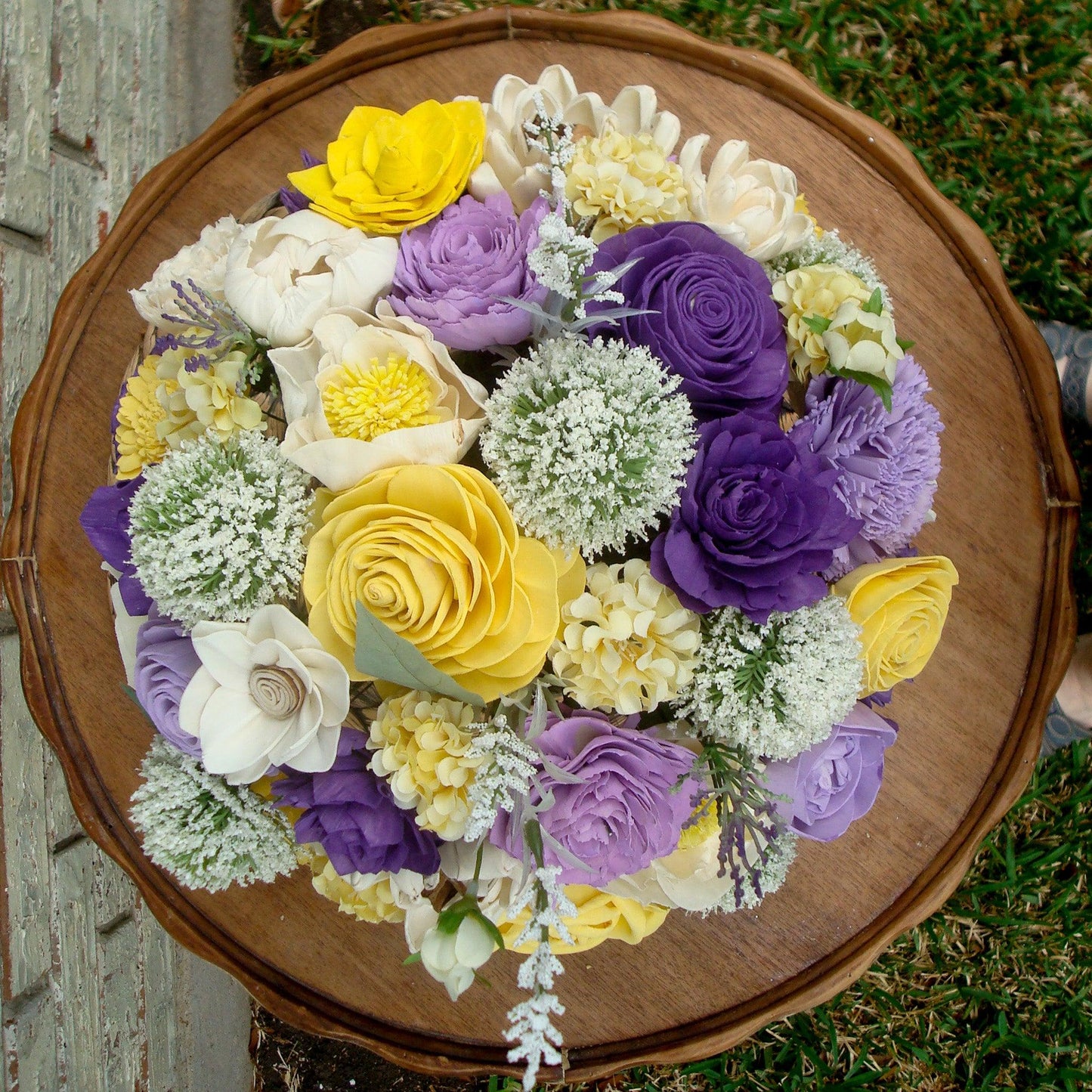 Purple & Yellow Sola Wood Flower Centerpiece in White Vase