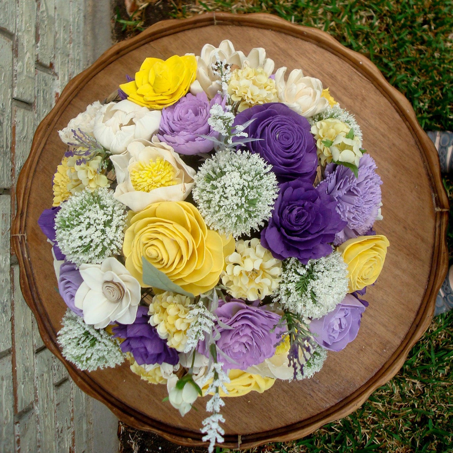 Purple & Yellow Sola Wood Flower Centerpiece in White Vase