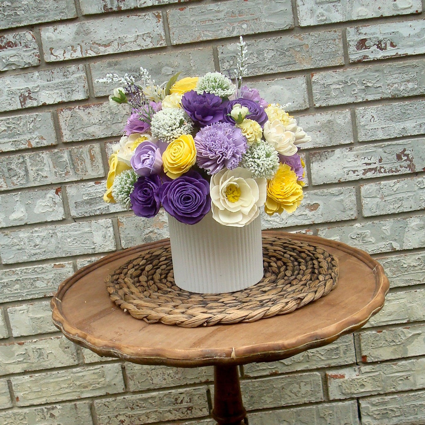 Purple & Yellow Sola Wood Flower Centerpiece in White Vase