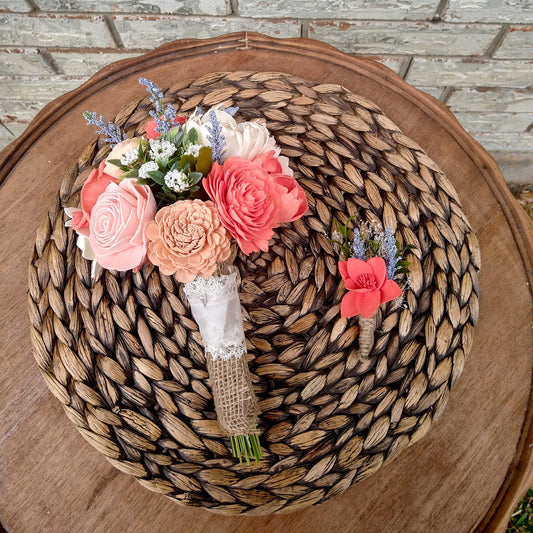 Coral Sola Wood Wedding Bouquet & Boutonniere Set | Handcrafted Keepsake Flowers
