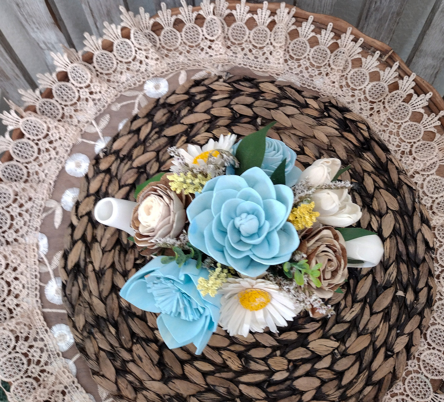 Sola Wood Flower Teapot Arrangement – Rustic Floral Centerpiece, Eco-Friendly Gift, Farmhouse Wedding Décor