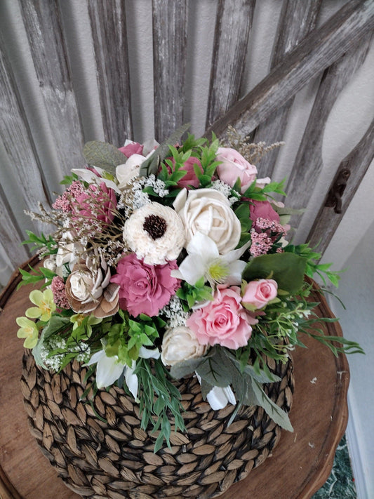 Mauve & Pink Sola Wood Bridal Bouquet – Rustic Wedding Keepsake, Eco-Friendly Flowers
