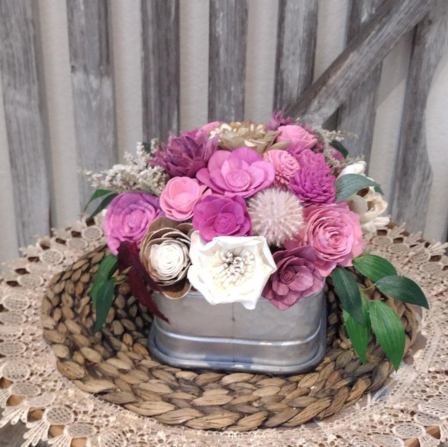 Dusty Pink Sola Wood Fall Centerpiece in Rustic Metal Container | Handcrafted Floral Gift for Her