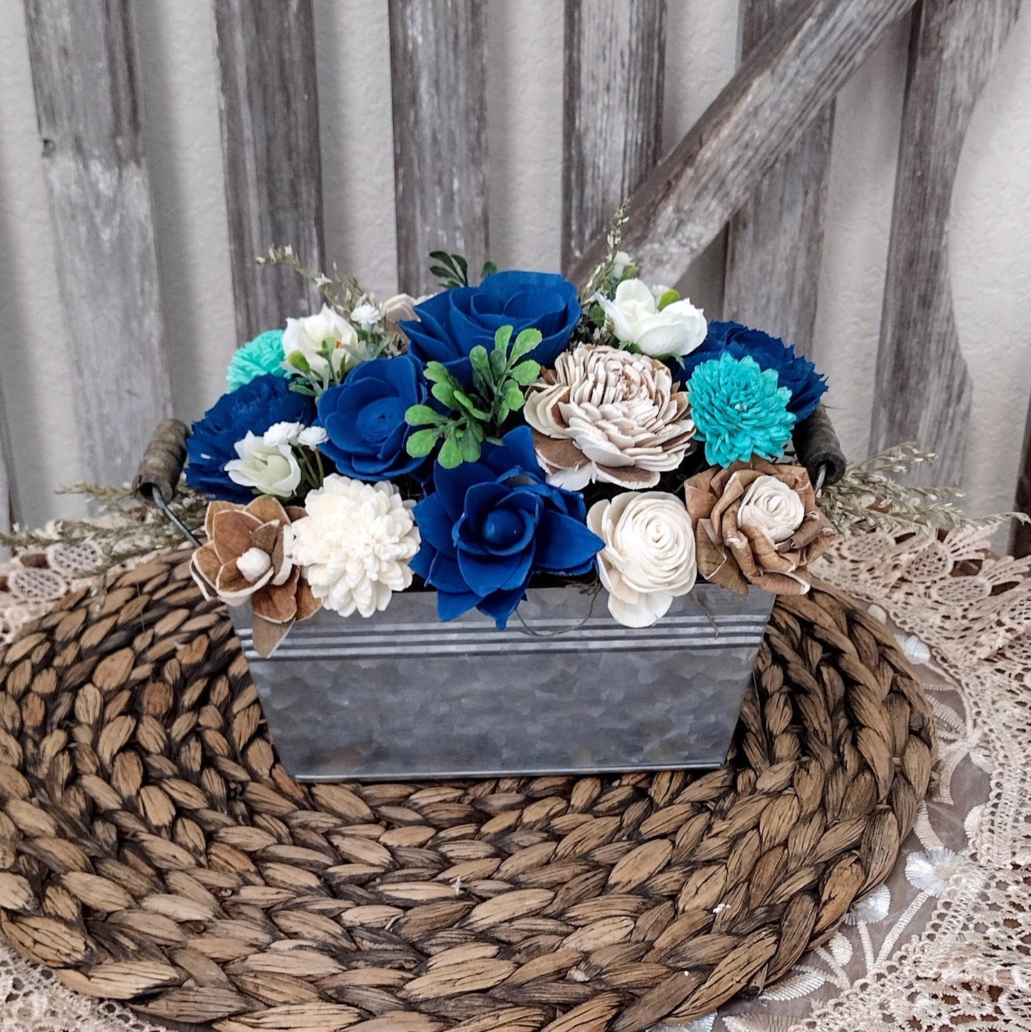 Navy, Teal & Natural Sola Wood Flower Centerpiece | Rustic Handcrafted Gift for Her