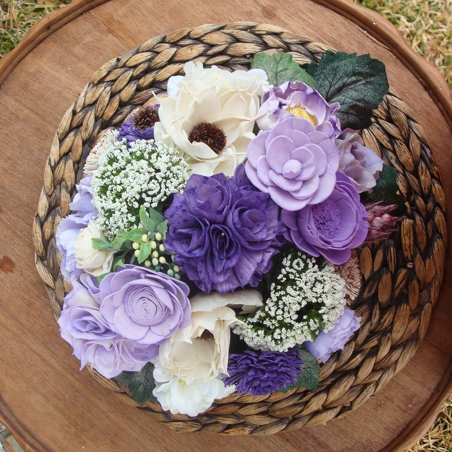 Purple Sola Wood Flower Arrangement in Rustic Woven Basket | Handcrafted Gift for Her