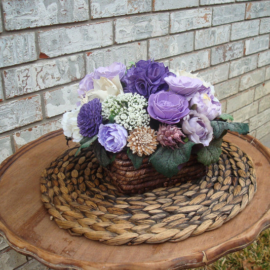 Purple Sola Wood Flower Arrangement in Rustic Woven Basket | Handcrafted Gift for Her