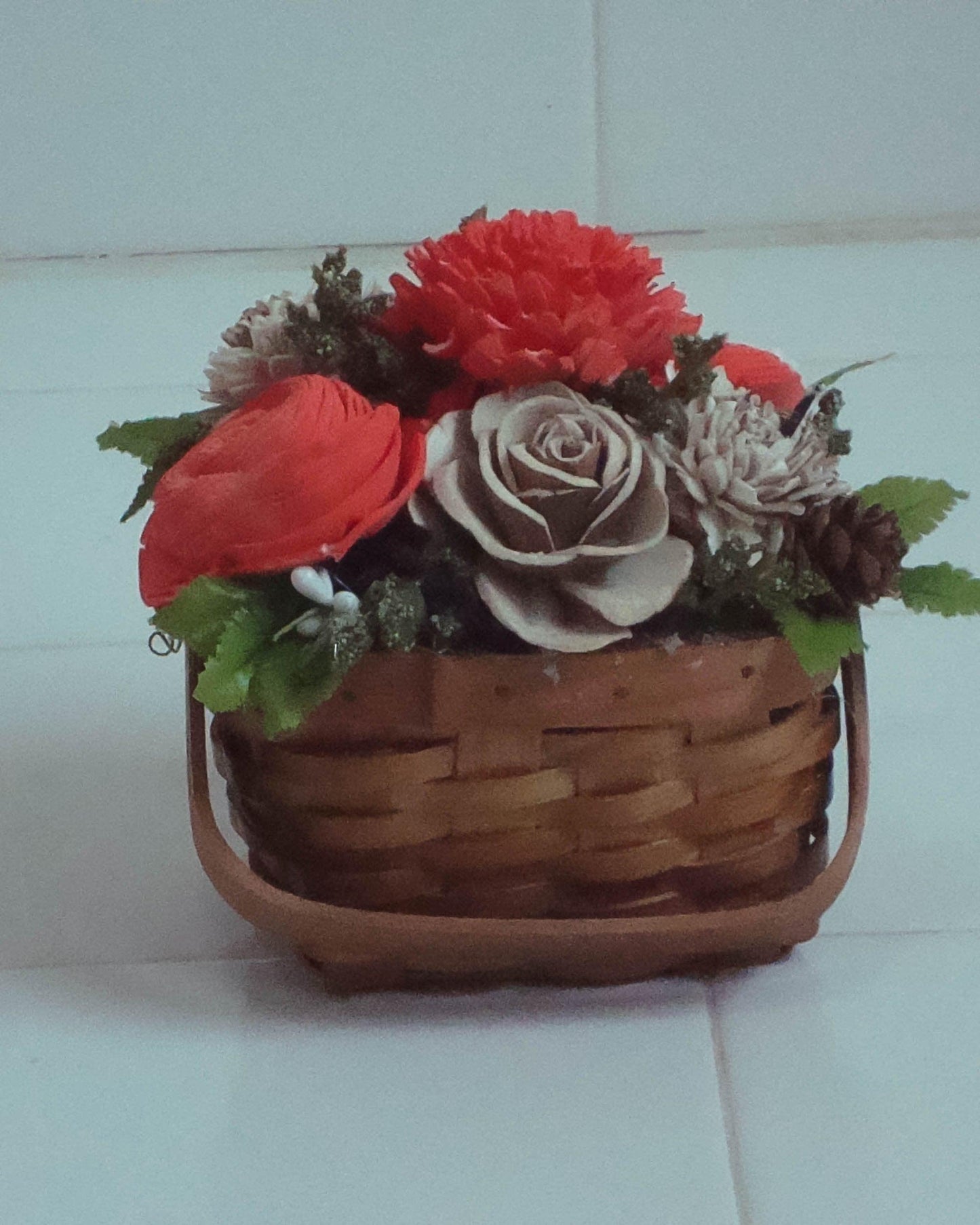 Fall Sola Wood Flower Basket – Rustic Centerpiece with Orange & Natural Blooms