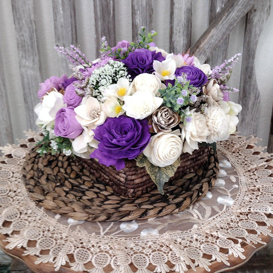 large square purples and white sola wood flower arrangement